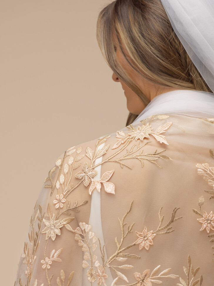 Perfect Bridal Ivory Tulle Cathedral Veil with Gold Leaf Embroidery 